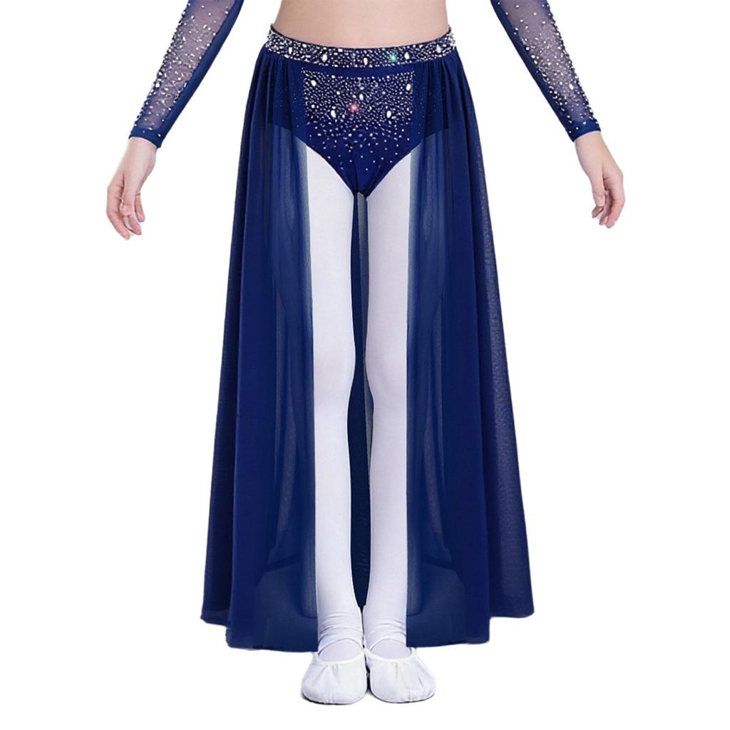 Complete Stage Look Skirt for Girls: Sparkling Rhinestone Accent on Flowy Sheer Mesh, Includes Secure Built-in Shorts