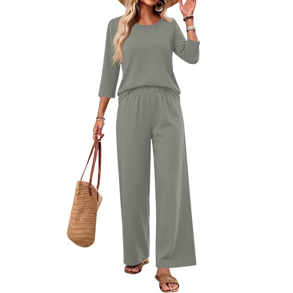 Women Casual Fashion Loose Fit Round Neck Three Quarter Sleeve Top Wide Leg Pants Set Lounge Wear Two Piece Outfit