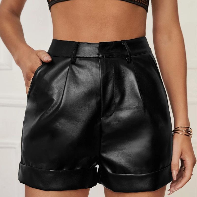 Women S Pu Leather High Waist Casual Shorts Fitted Short Pants S чёрный