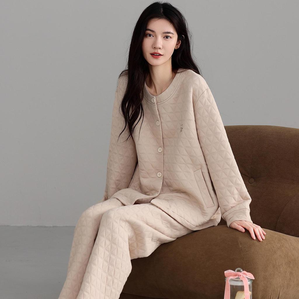 2025 Women's Winter Three-Layer Pajama Set: Thick, Warm, Simple Style, Long Sleeve & Pants