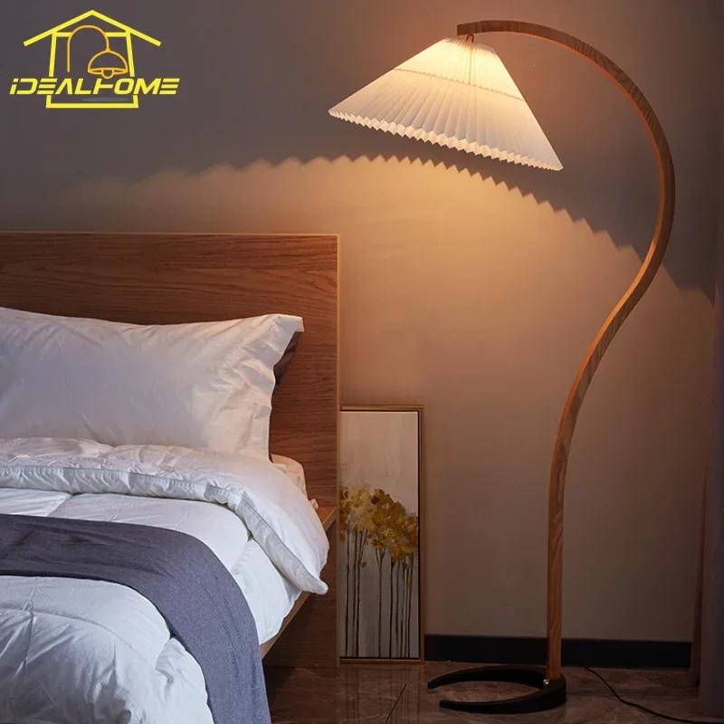 Japanese Wabi-sabi Medieval Solid Wood Pleated Floor Lamp LED E27 Retro Vintage Hanging Lamp Living/Tea Room Sofas Bedroom Study