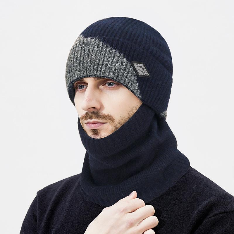 Winter Color Matching Wool Warm Thick Knitted Hat Men's Outdoor Riding Cold-Proof Ear Protection Wool Hat Two-Piece Set