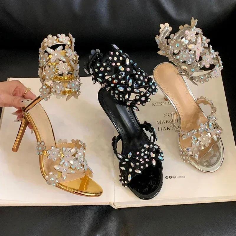 Luxury Shiny Rhinestone Designer Thin High Heels Women Sexy Ankle Strap Heeled Sandals for Women Crystal Flower Banquet Pumps