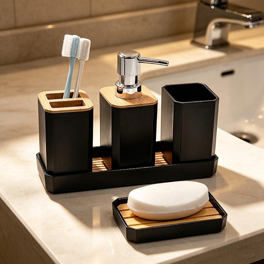 5pcs/set Non Slip 5pcs Bathroom Accessory Set Soap Dispenser Soap Box Countertop Hands Soap Bottle Tray Space-Saving