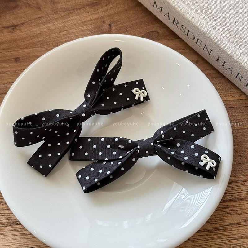 2Pair Black and White Polka Dot Bow Hair Clip Small Fresh Fabric Side Clip Girl Simple Daily Headwear Set Hairbows for Girls