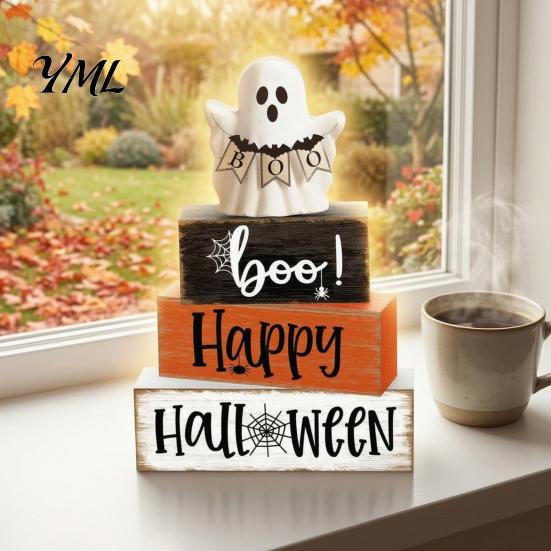 Indoor Fall Home Accents Halloween Ghost Decoration, Wooden Sign Tiered Tray Ornament, Farmhouse Durable Solid Wood Crafts Tabletop Centerpiece