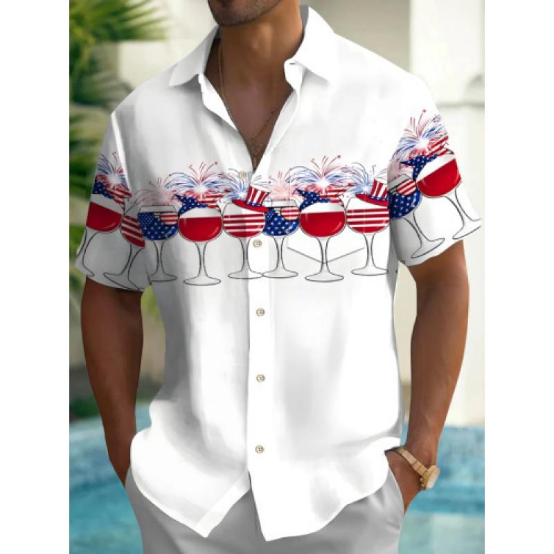 Mens Short Sleeve Casual Shirt Vintage Hawaiian Print Loose Fit Streetwear