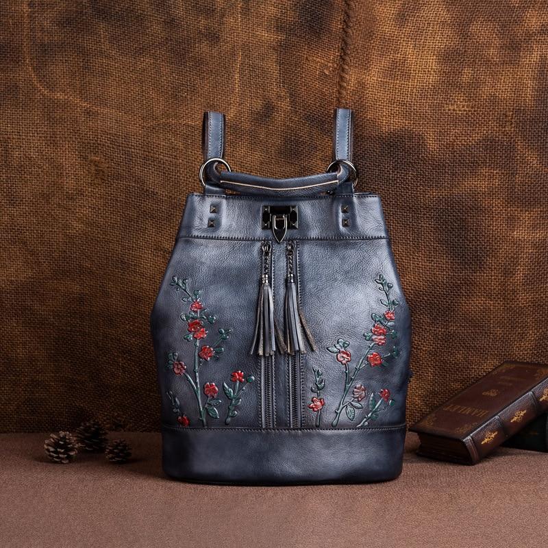 Johnature Vintage Natural Cow Leather Women Backpack Travel Bag Large Capacity Handmade Embossed Female Shoulder Bags