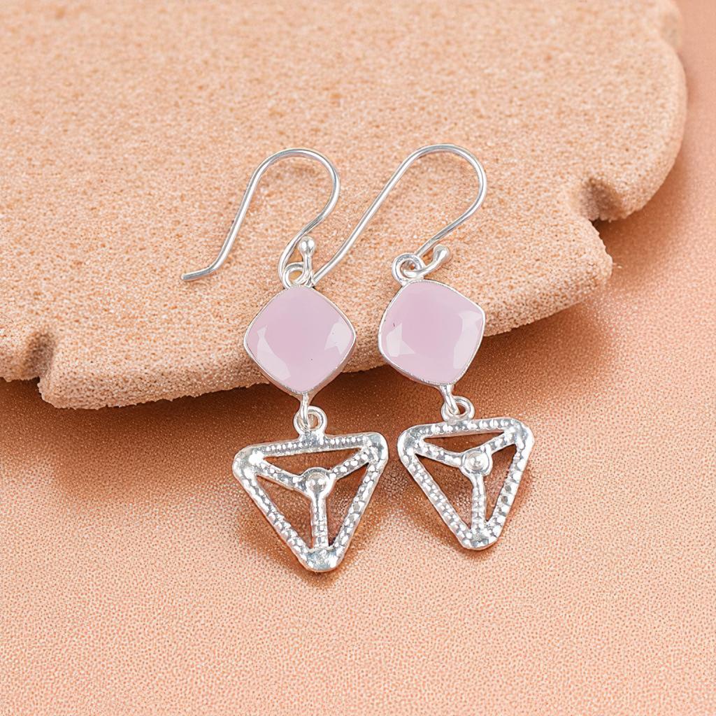 Rose Chalcedony Gemstone 925 Sterling Silver Jewelry Handcrafted Earrings 2.00" EE-45-16