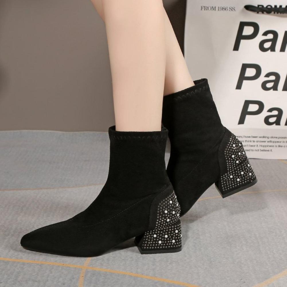 Suede Rhinestone Woman Short Shoes 2026 Winter Ankle Boots for Women Elegant with Medium Heels Booties Square Toe Footwear
