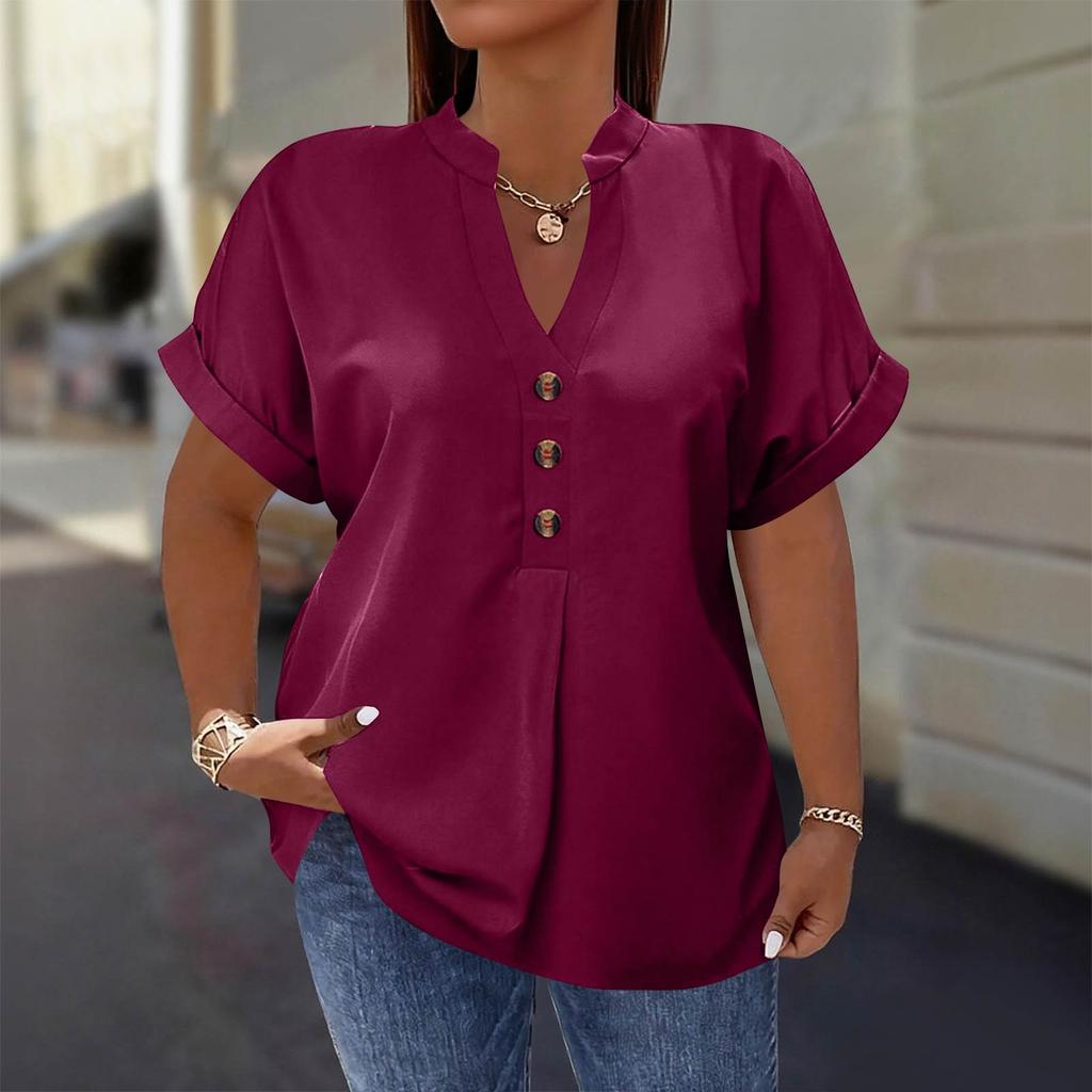 Women's Fashion Short Sleeve V Neck Button Up Blouse Stylish Casual Plus Size Top