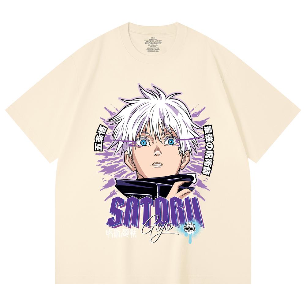 

230 Gsm 100% Cotton Jujutsu Kaisen V27 Gojo Print Unisex Heavy Cotton T Shirt XS абрикосовый