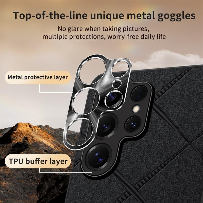 Dla Samsunga Galaxy S25 S25 Ultra bardzo luksusowe wegańskie skórzane metalowe zabezpieczenie obiektywu etui na telefon odporne na upadki i odciski palców