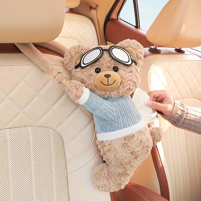 Cute Bear Car Seat Back Tissue Holder Soft Plush Cartoon Design Multi-Functional Hanging Storage