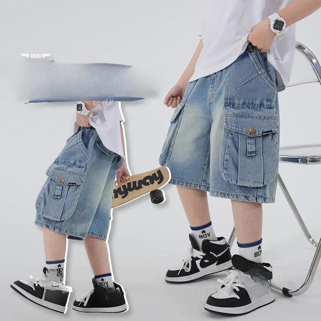 Boys' Workwear Denim Shorts Summer Teenage Children's Pocket Design Outdoor Wear Loose Jeans Big Kids Mid-Pants