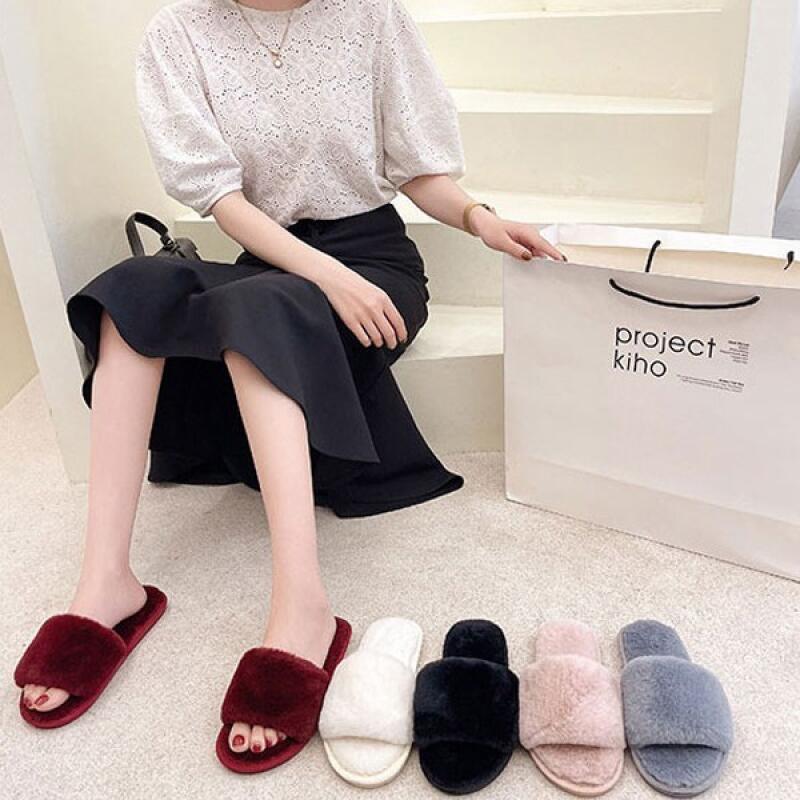 Women s All-Fur Fur Slippers Winter Fur Shoes Fur Slippers FREE (gray)