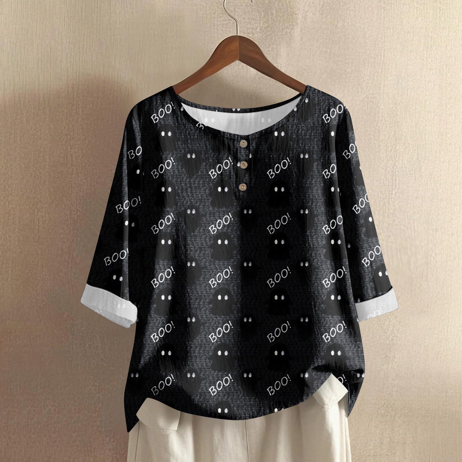 

Women s Fashion Casual Long Sleeve Halloween Printed V-Neck Top L чорний