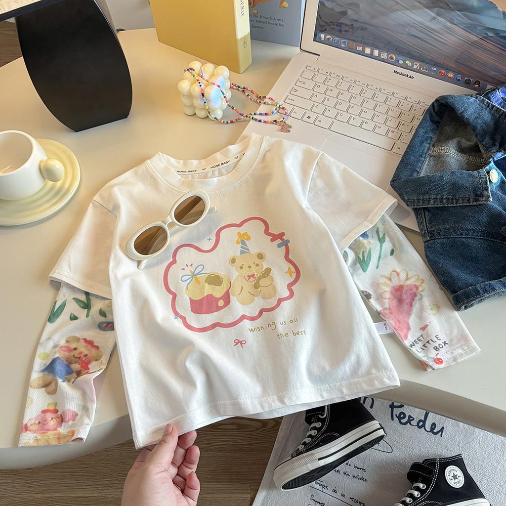 Girls Summer Cotton Cartoon T Shirt Fake Two Piece Sun Protection Sleeves Casual Cute Top Kids Clothing