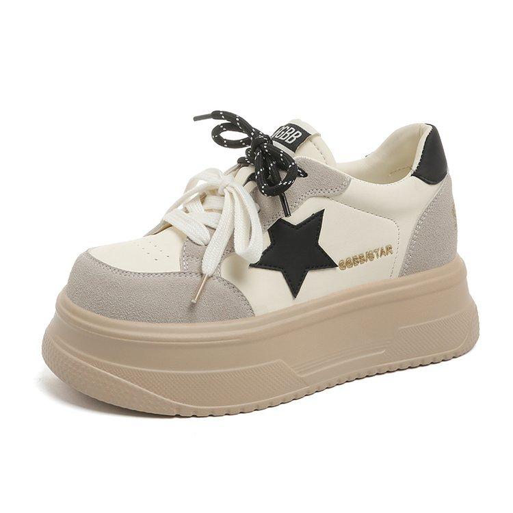 Thick-soled Ugly Cute Pentagram Board Shoes Women's 2025 Spring New Lightweight Heightening Bread Shoes Pair of Shoelaces Muffin Casual