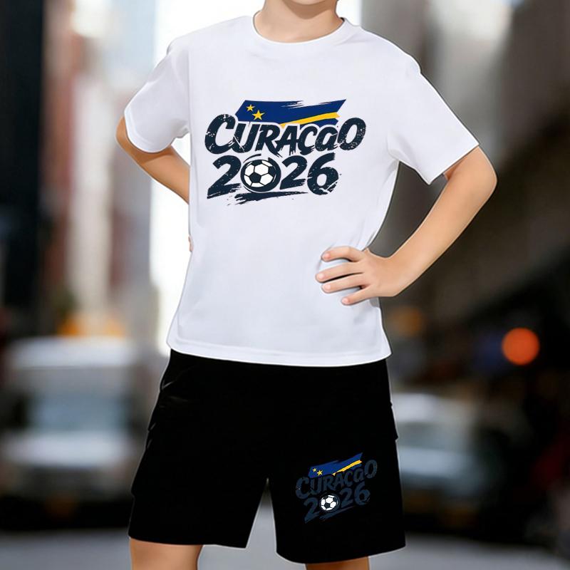 

Boys 2 Piece Football-themed printed Outfit, Short Sleeve T-Shirt and Shorts Set for Kids Age 5-14, Black and White Sporty Casual Summer Clothes 13-14 Years білий