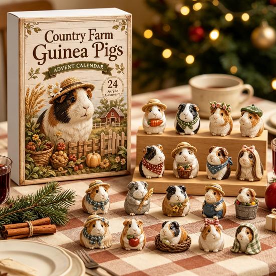 Retro Pastorale Stil Dekorations-Weihnachts-Adventskalender mit 24 Meerschweinchen, Gartenthema Niedliches Geschenk für Meerschweinchen-Liebhaber Tierfiguren, Dekorativ