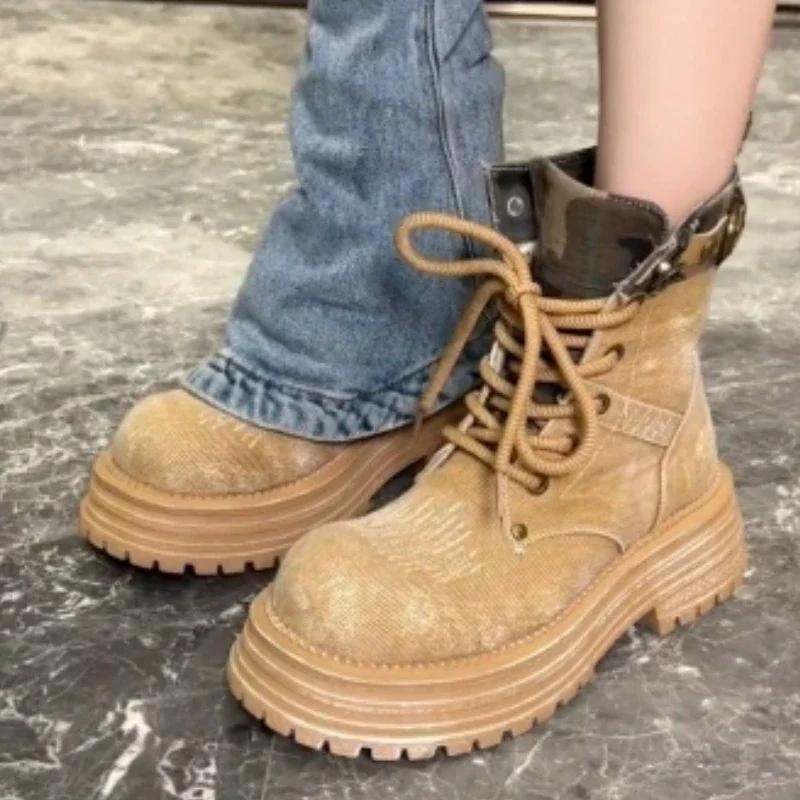 

Модная женская обувь Модные женские ботинки на шнуровке Осенние ботинки в британском стиле с круглым носком из денима Короткие ботинки на платформе с бочкообразным толстым каблуком 35 верблюд