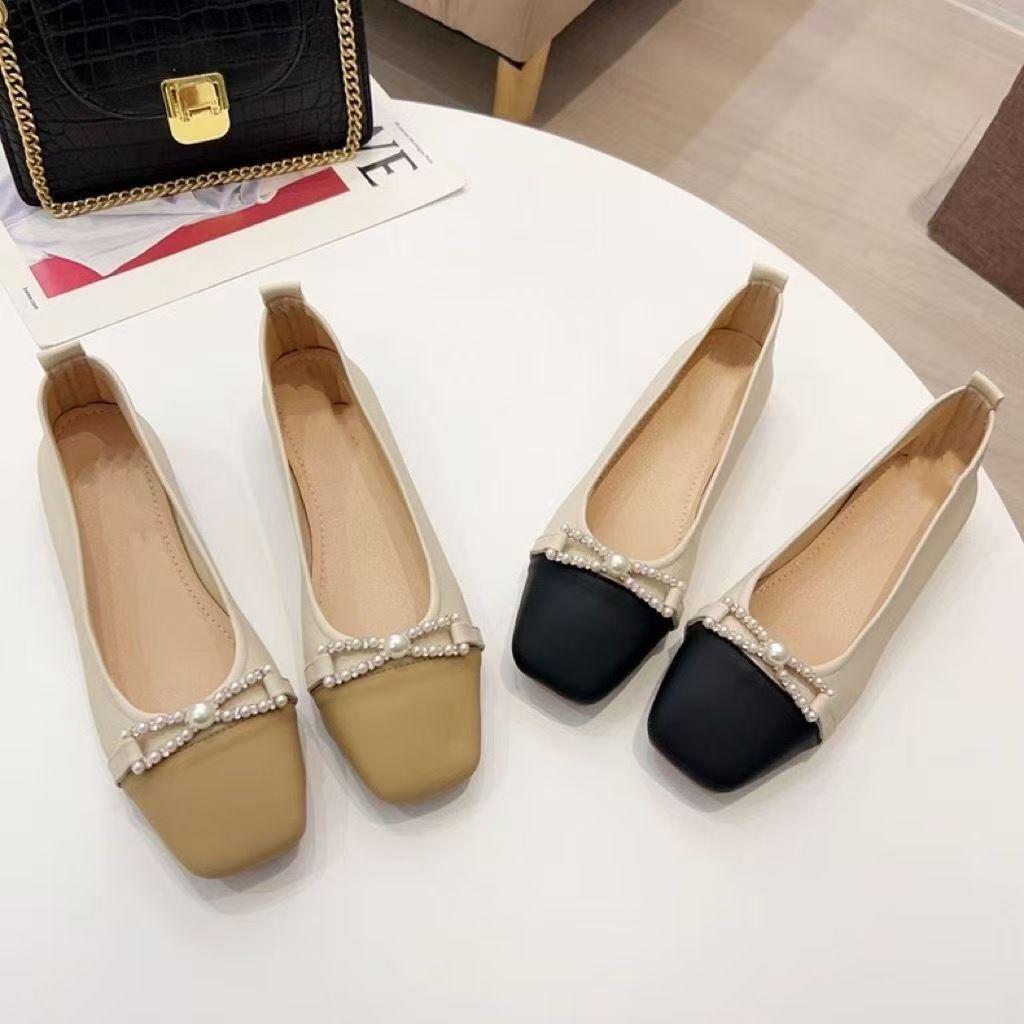French thick heel 2025 autumn new shoes large size rhinestone pearl shallow mouth square head soft sole low heel single shoes women