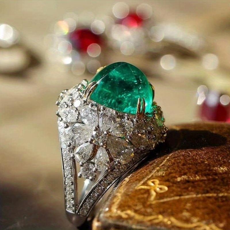 Gorgeous Elegant Green Synthetic Zircon Flower Ring Suitable For Women Parties Banquets Wedding Vintage Temperament Jewelry
