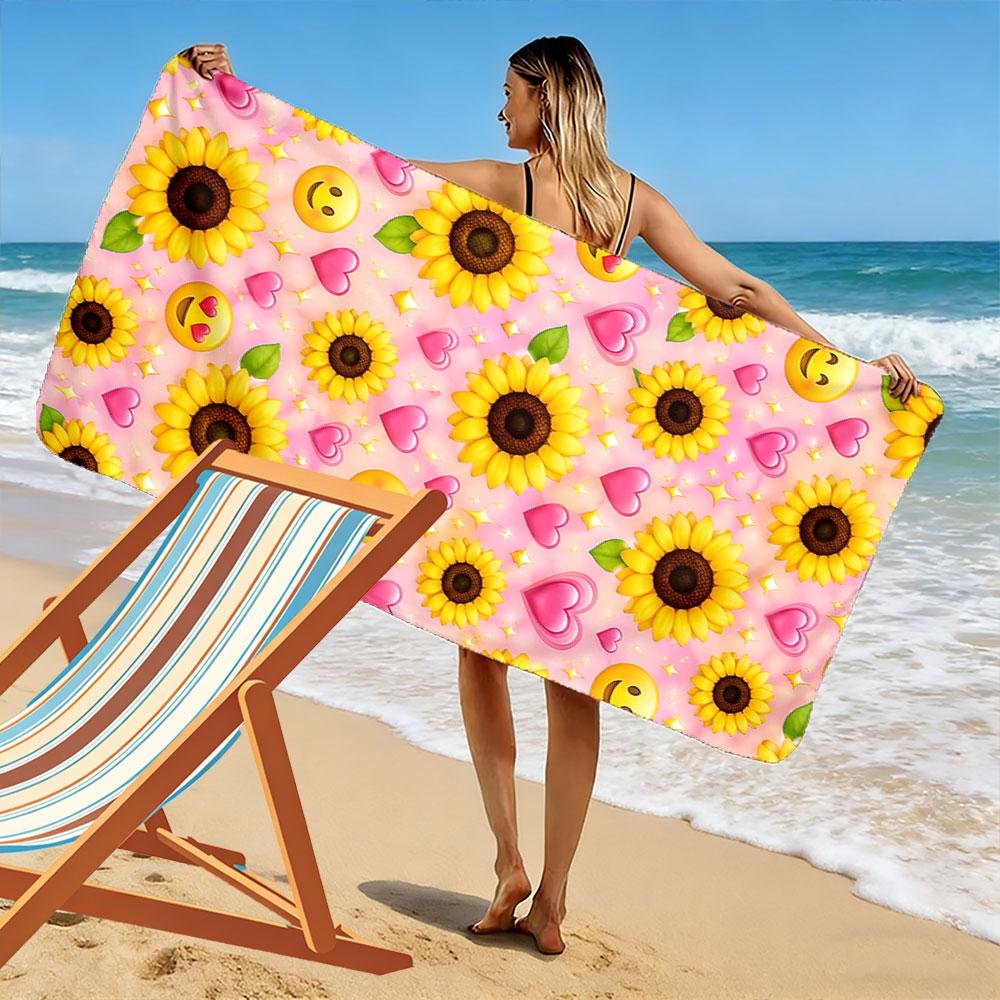 Sunflowers and Emoji Hearts Beach Towel Quick-drying for Travel Outdoor Sports Jogging Beach and Swimming