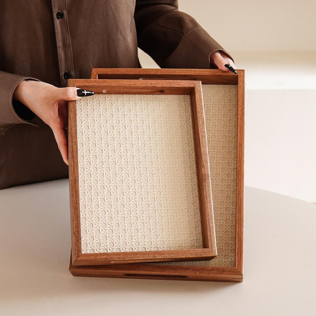 1Pc Bamboo Pattern Leather Tray, Acacia Wood Tray, Dressing Table Decoration Tray, Aromatherapy Ring Jewelry Tray