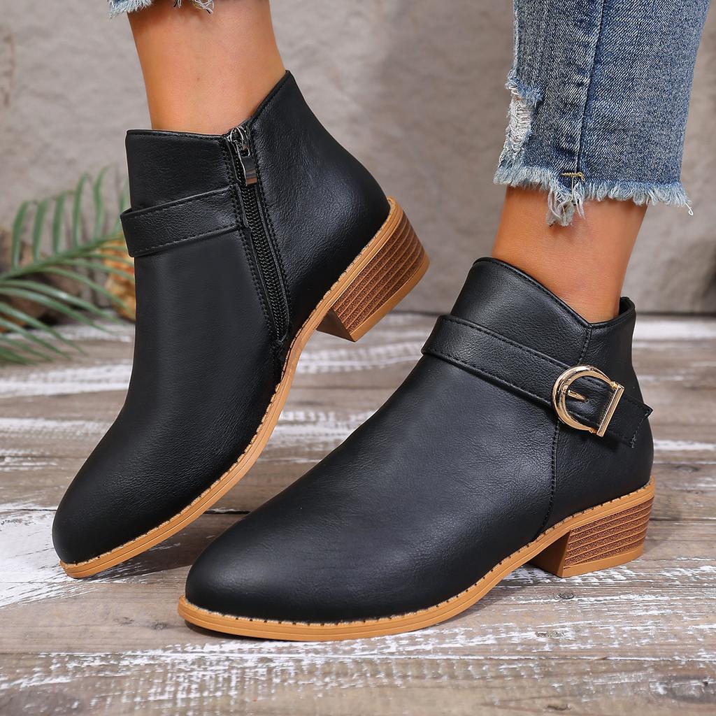 Botas Femininas de Inverno Salto Grosso Bico Fino Sapatos Estilo Zíper Duplo Tamanho Grande Botas Curtas Sapatos Modernos Confortáveis