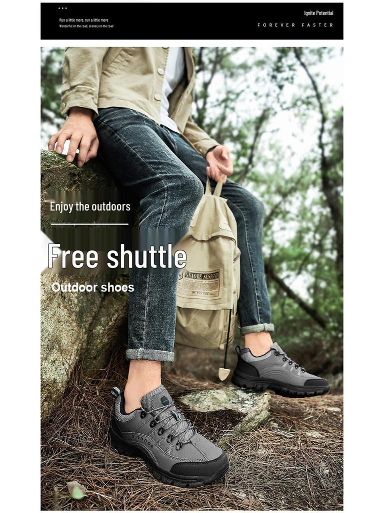 Men's Extra Large Size 49 Leather Hiking Shoes - Low-Top Outdoor Footwear for Autumn & Winter