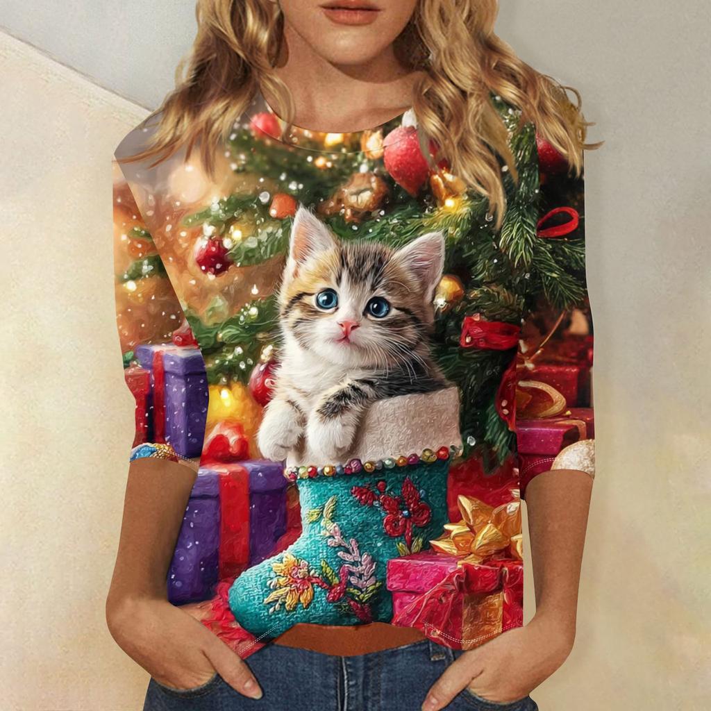 Dámské módní a ležérní top s tříčtvrtečním rukávem a vánočním potiskem s kulatým výstřihem