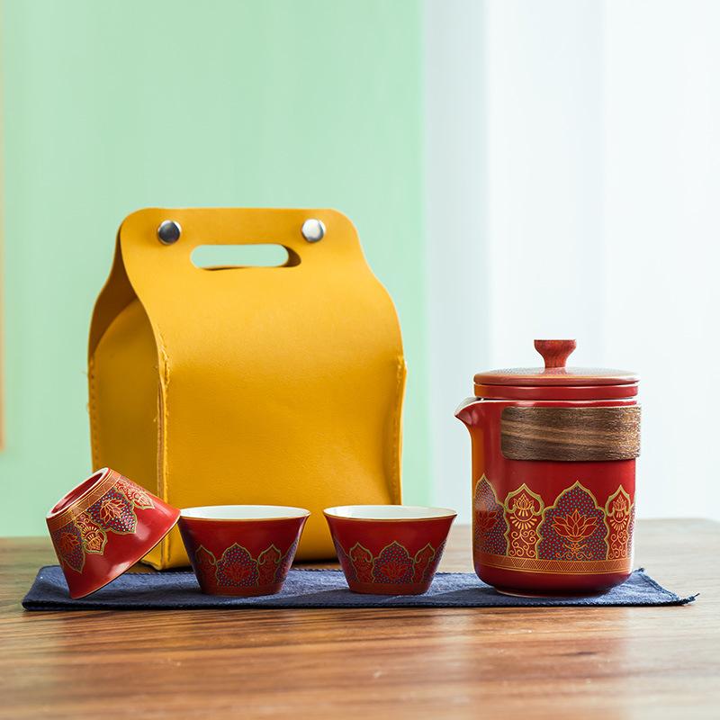 Travel tea set, ceramic express cup, one pot, three cups of tea can, tea can set, gift