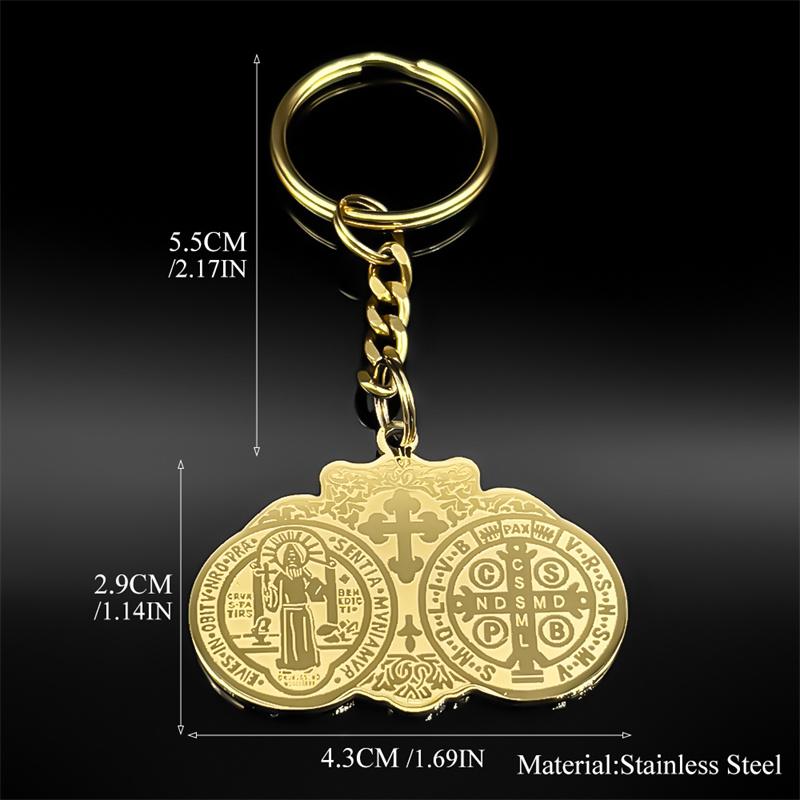 Medaglia della Croce di San Benedetto Santo Cattolico Portachiavi per Donne Uomini Acciaio Inossidabile Colore Oro Religioso San Benito Portachiavi Gioielli