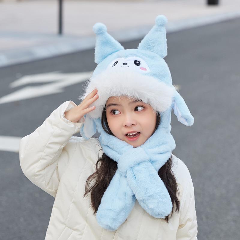 

Детская шапка с двигающимися ушками, мультяшная, милая, шарф-шапка, зимняя, для улицы, плюшевая, теплая, с защитой ушей, шапка-пуловер