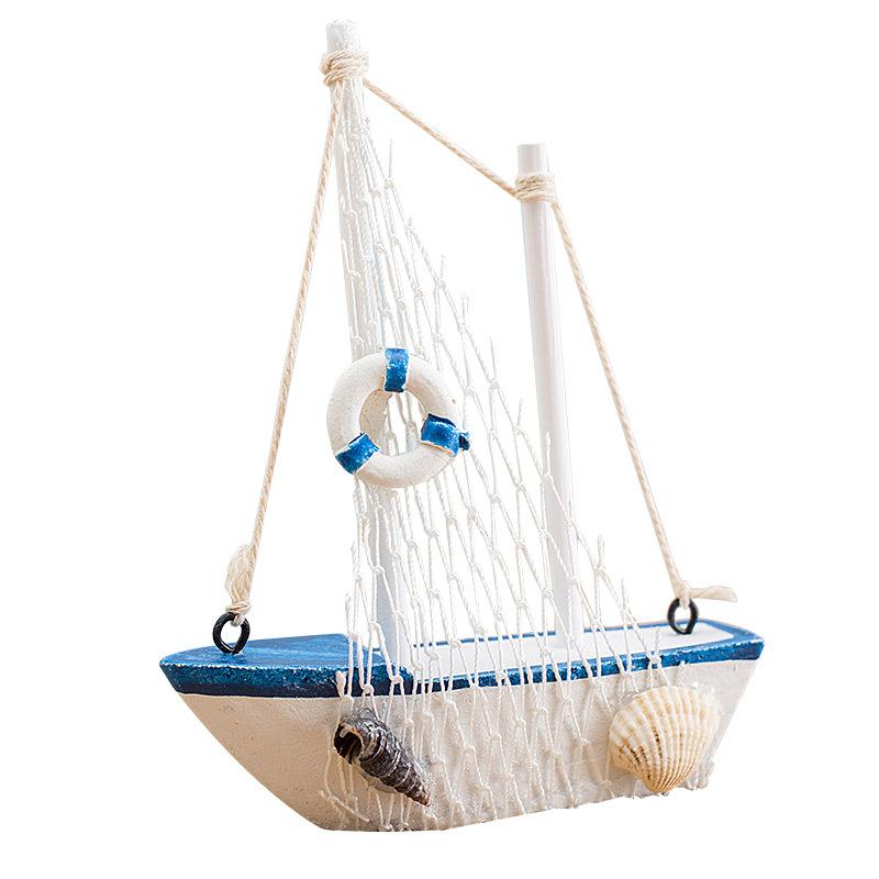 1pc Mini Mediterranean Nautical Wooden Blue Sailing Boat Wood Craft Ornament for Home & Party Decoration