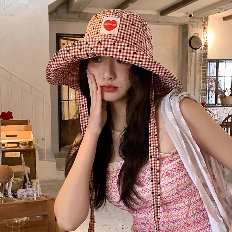 Love Patch Strap Fisherman Hat Sweet Checked Fisherman Hat Large Brim UV Foldable