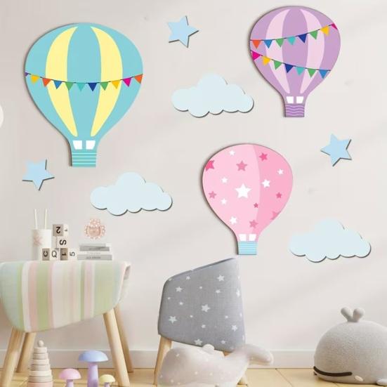 9 Pcs Hot Air Balloon Nursery Wall Decor Boho Wooden Baby Shower Wall Sign Hot Air Balloons Stars Clouds Sculptures for Bedroom Classroom Playroom