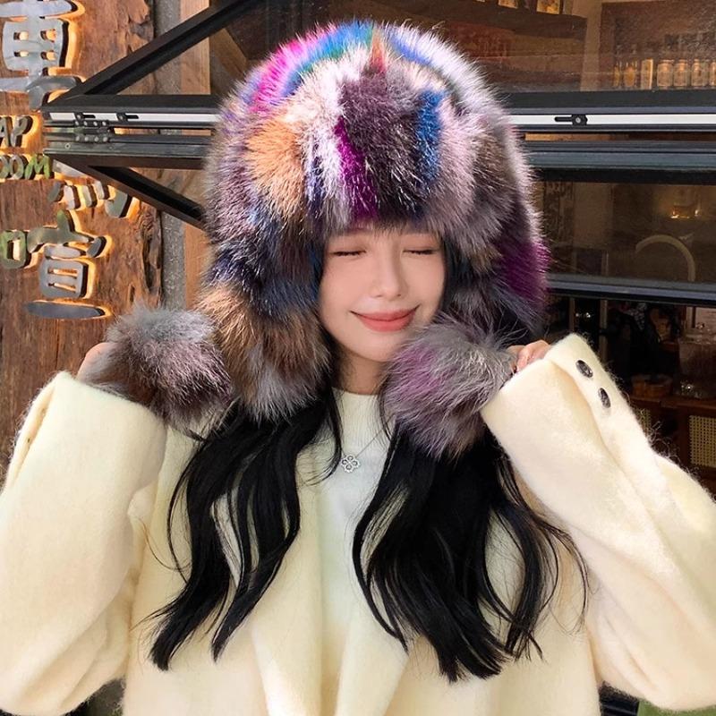 Real Fox Fur Ear Protection Hat Cute Hairball Cold Cycling Hat Warm and Fleece Knitted Wool Hat Basin Hat