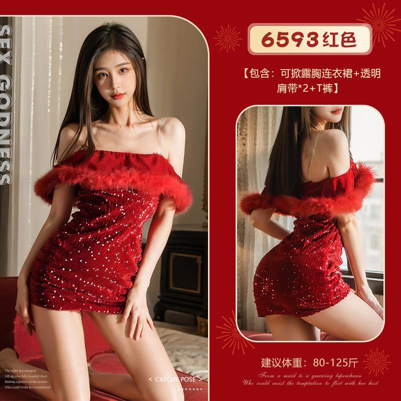 

Новогоднее платье с открытыми плечами и пайетками на груди, сексуальное сексуальное очарование для взрослых, сексуальный костюм Average size