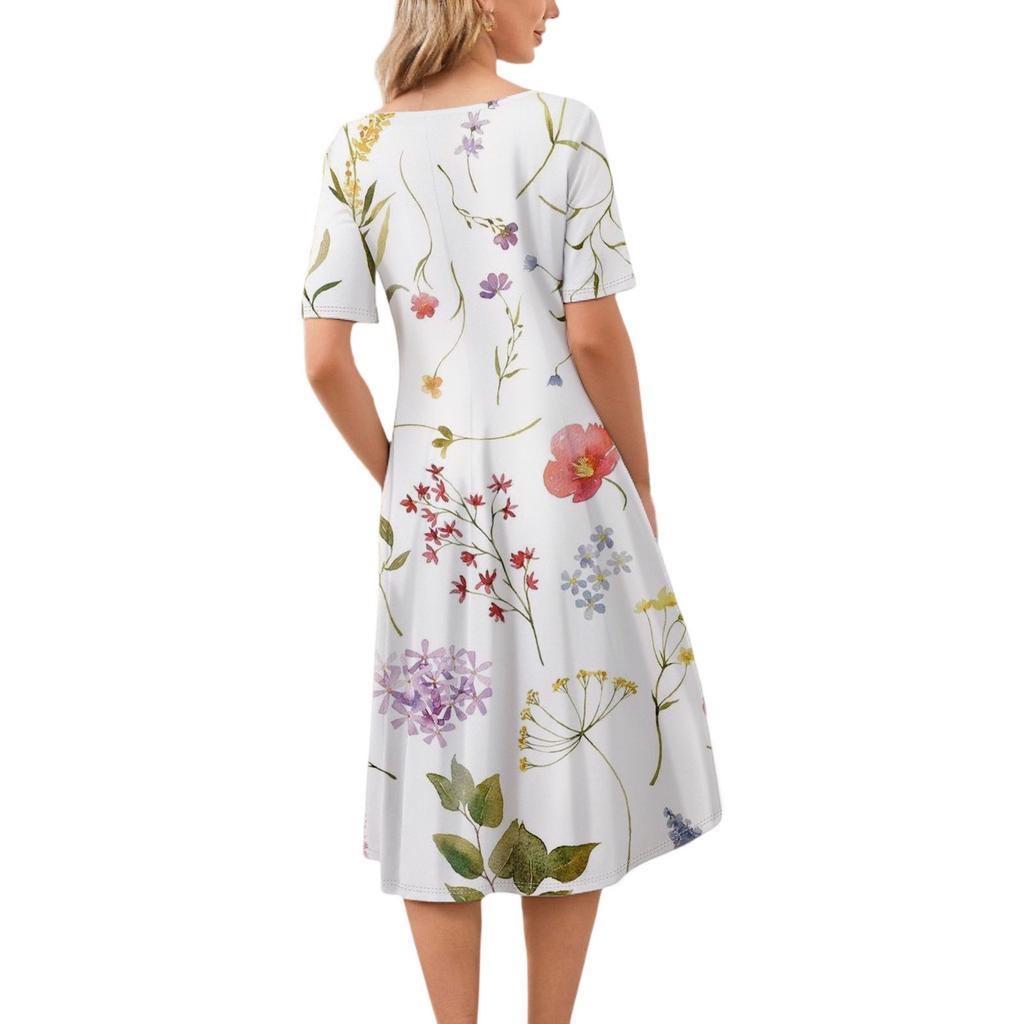 Women's Casual Fashion Round Neck Short Sleeve Floral Print Midi Dress