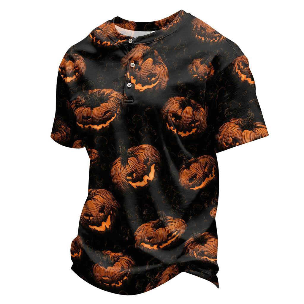 Men's Halloween Print Short Sleeve Henley Shirt Casual Button Up Top with Pumpkin Pattern Lightweight Breathable Fabric for Everyday Wear