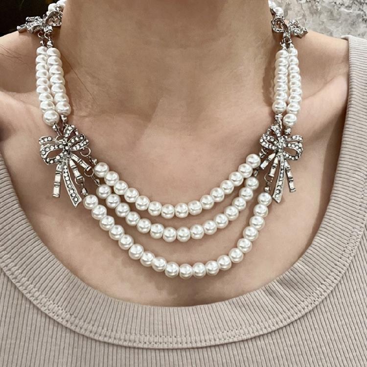 Imitation Pearls Necklace with Multiple Strands Rhinestones Bowknot Clavicle Chain Handmade Adjustable Length Neckchain