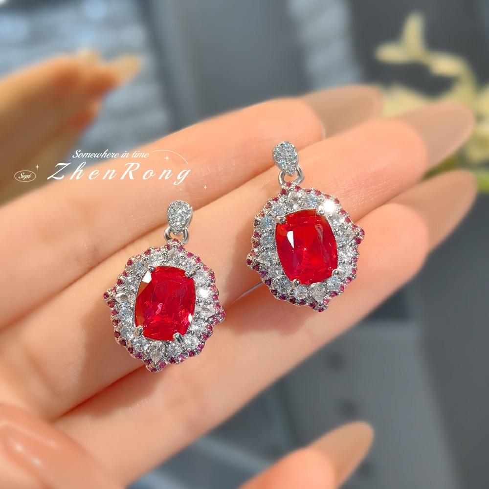 Women Jewelry Set Luxury Red Corundum Pendant Fashion Simple Elegant Pigeon Blood Ring Earrings