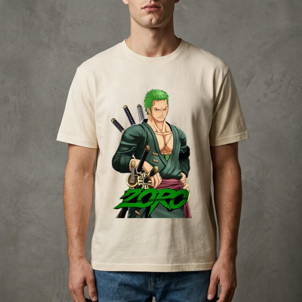 Men's High - Quality Soft Fabric Anime T - Shirt, One Piece Roronoa Zoro Three Sword Style Green Kimono Graphic Print Casual Tee