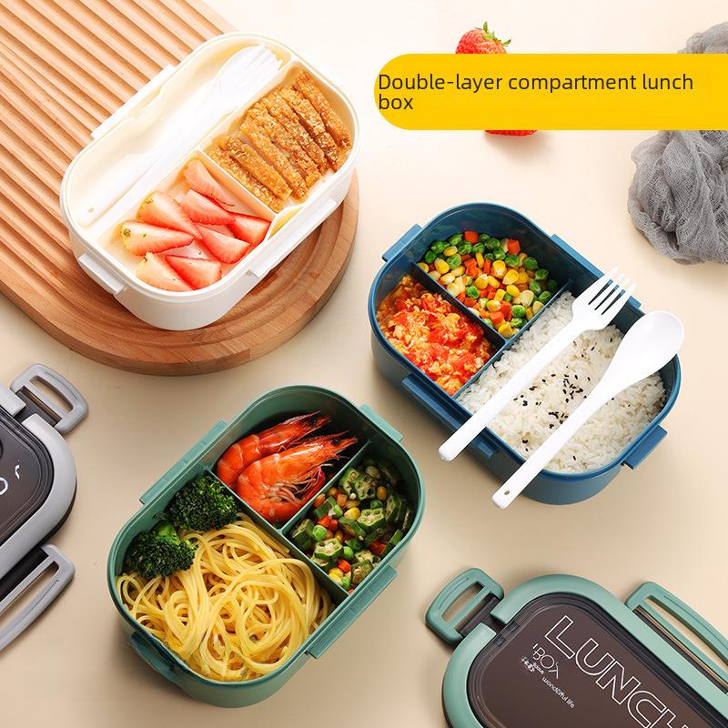 Compartmentalized Double-Layer Lunch Box with Thickened PP Plastic, Microwave-Safe for Students and Office Workers