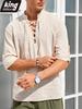 Men's Casual Lace-Up V-Neck Shirt 3/4 Roll-Up Sleeves Solid Color Loose Fit Linen-Like Top for Summer Beach Vacation Daily Trendy Wear