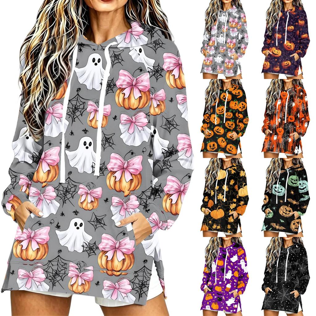 Women's Casual Long Sleeve Halloween Print Hoodie Pullover Top for Fall Festive Wear