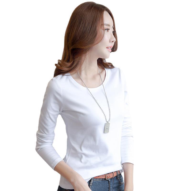 Women's White Long-Sleeve Slim Fit Solid T-Shirt - Autumn/Winter Korean Style